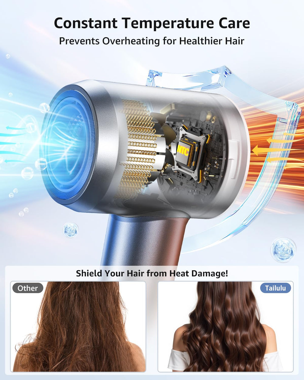 Tailulu HF03 160k RPM motor delivers ultra-fast drying for busy mornings.