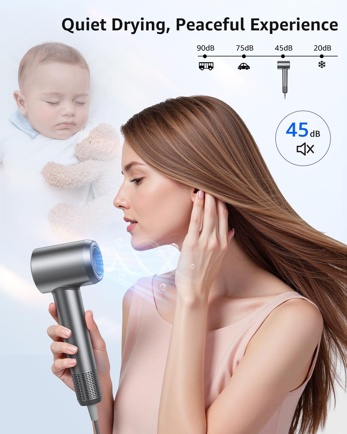 Tailulu HF03 quiet-drying at 45dB keeps mornings peaceful and undisturbed.