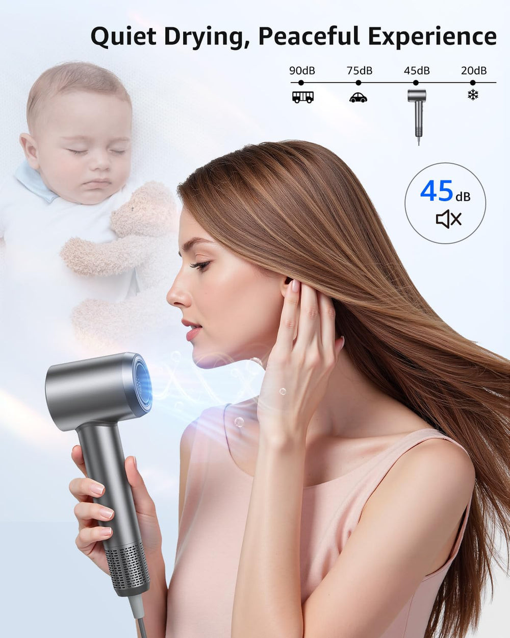 Tailulu HF03 quiet-drying at 45dB keeps mornings peaceful and undisturbed.
