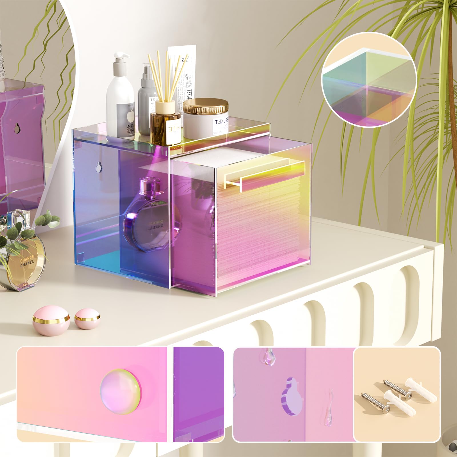 TAINESS Rainbow clear acrylic box highlights contents while protecting towels