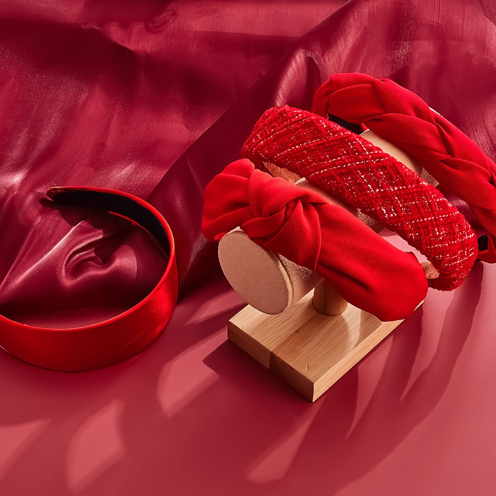 Taiyin red headband end-wrap showcases finished ends for gentler feel and versatile styling.