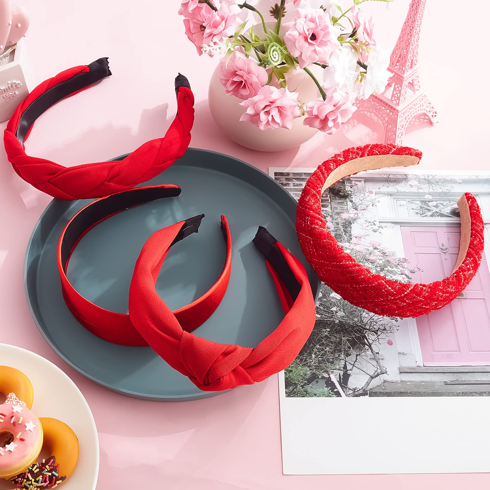 Taiyin red headband on model demonstrates easy styling and face-framing effect.