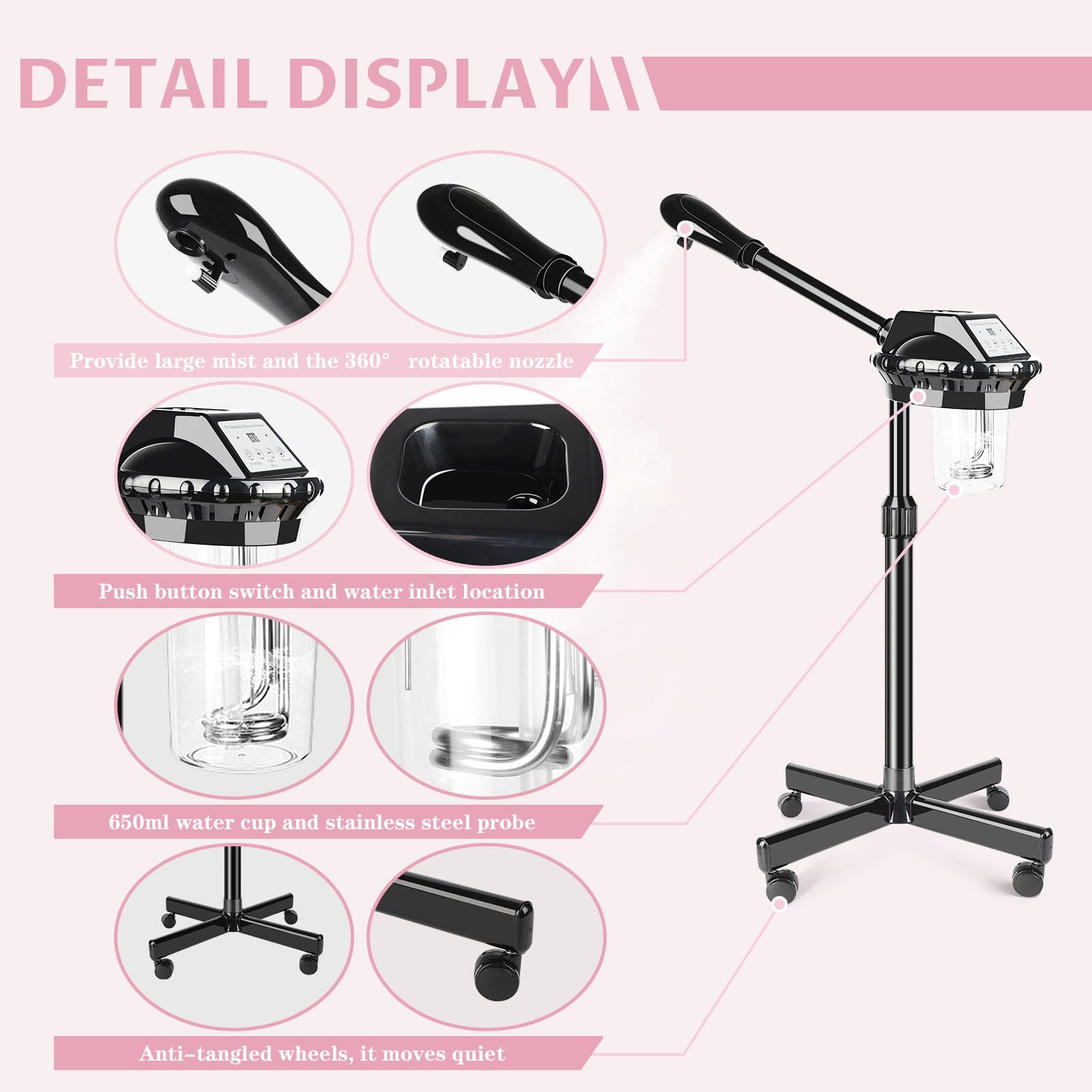 Takeashine adjustable height facial steamer demonstrates flexible comfort for varied users