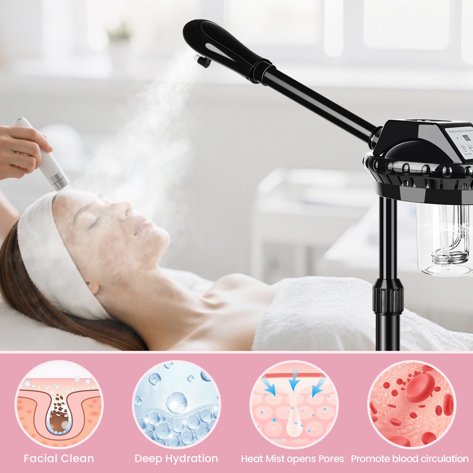 Takeashine facial steamer with 360 rotating nozzle for precise mist distribution