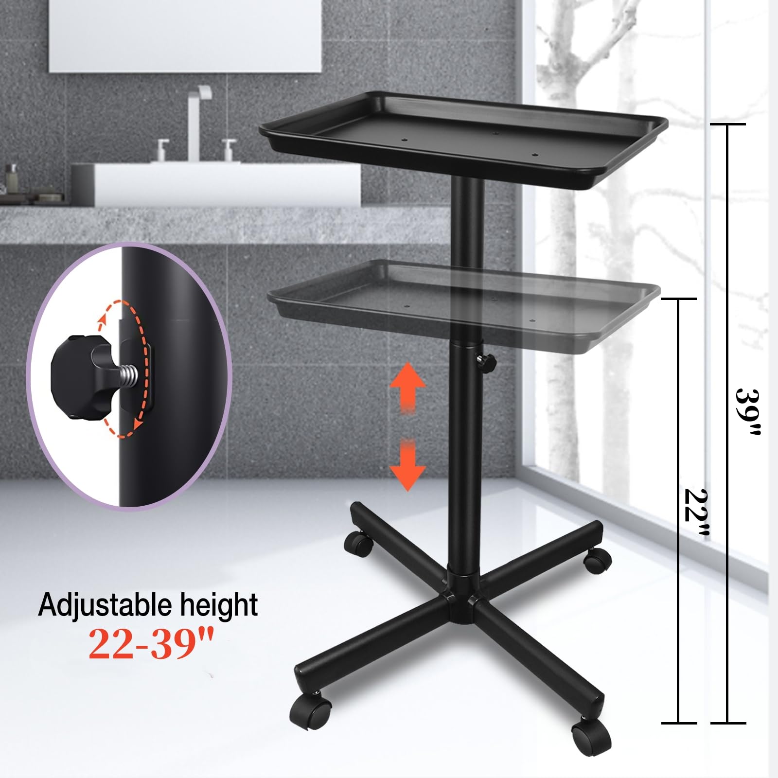 Takeashine salon tray adjustable height highlights customizable work surface for comfort.