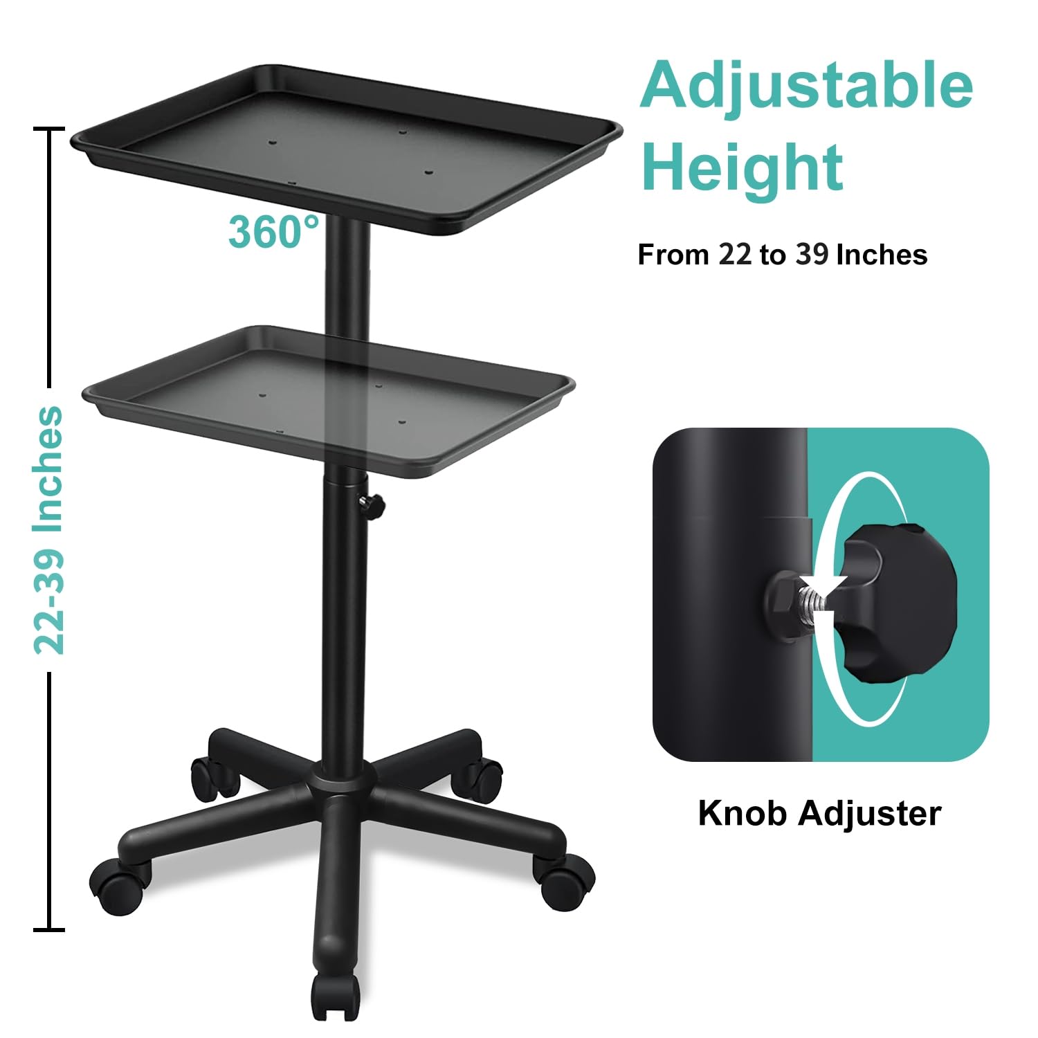 Takeashine salon tray cart features five quiet wheels for smooth, distraction-free movement.
