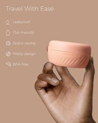 TakeToday 3oz apricot cap close-up highlights leak-proof seal for secure on-plane use.