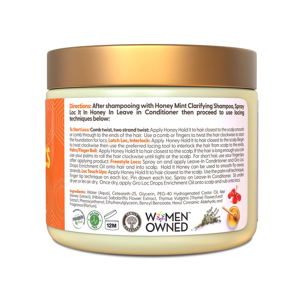 Honey infusion detail bottle label highlights moisture-rich shine for locs