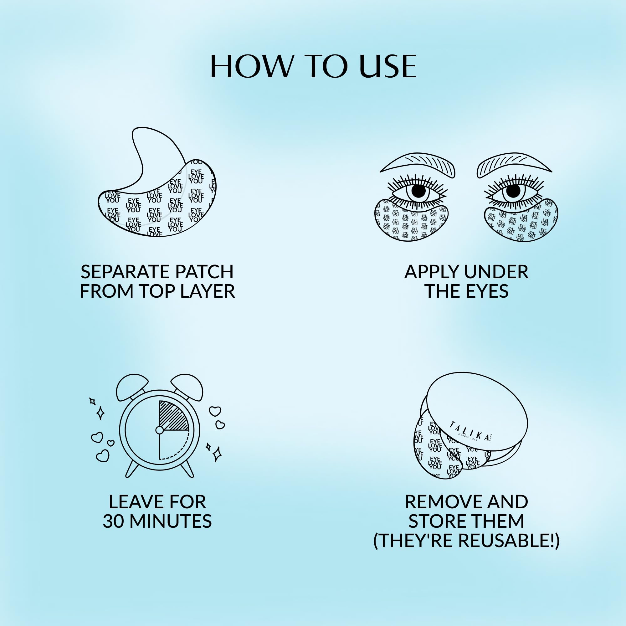 Talika Eye Therapy Patch after-use glow suggests refreshed under-eye contour.