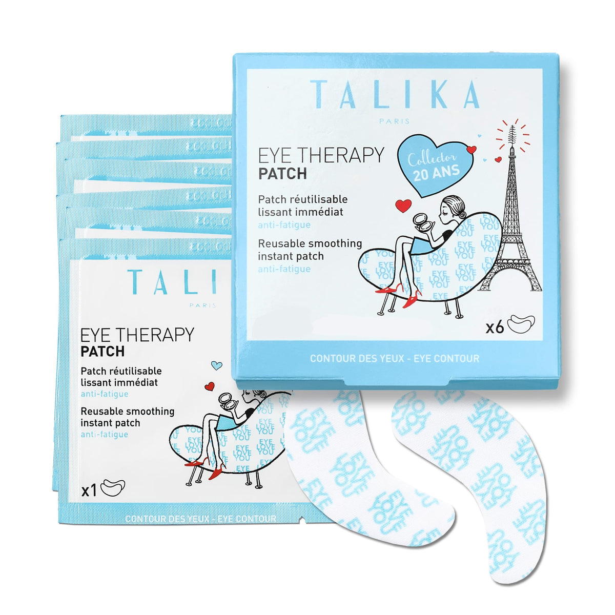 Talika Eye Therapy Patch packaging close-up showcasing a six-refill kit for revitalized under-eye care.