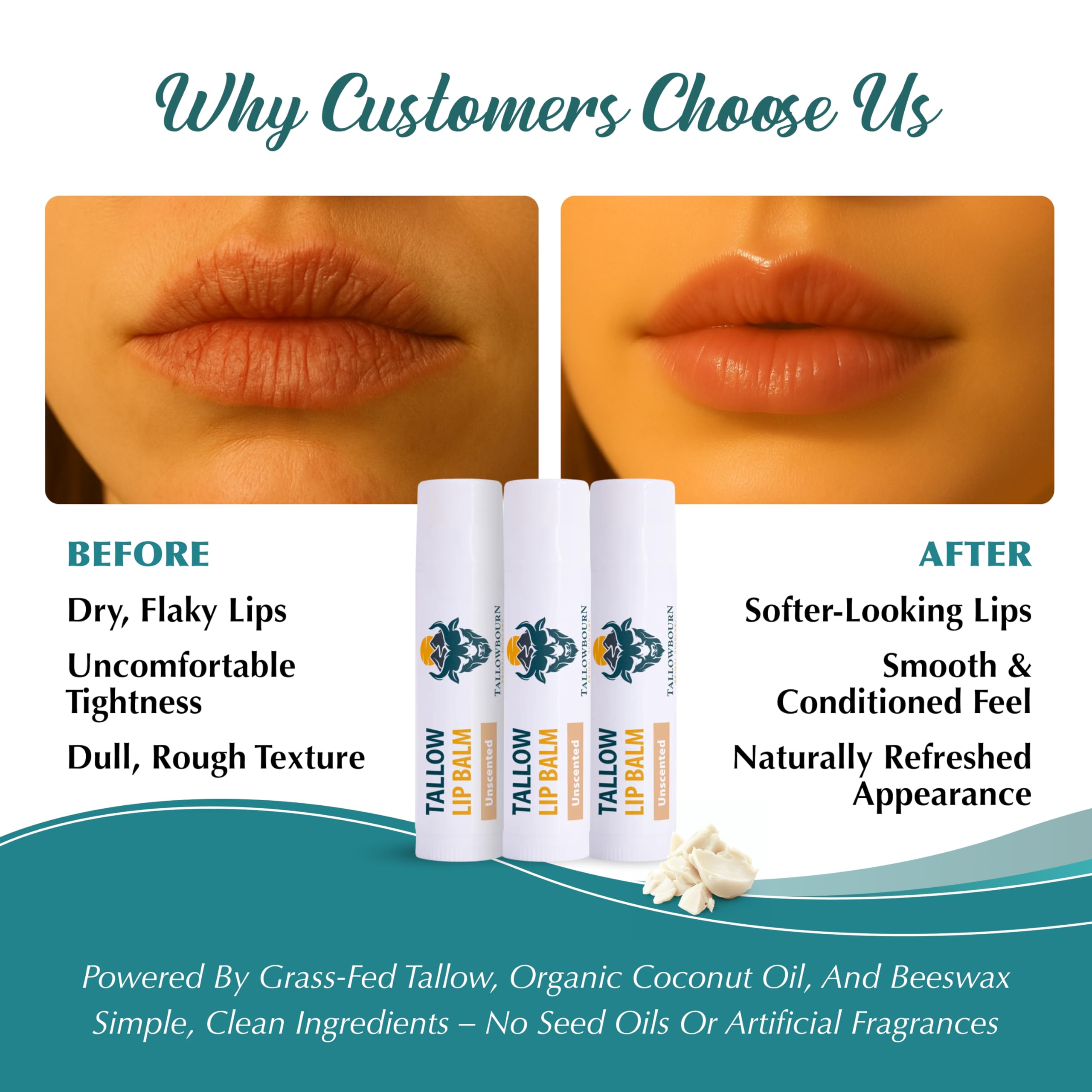 Tallowbourn beeswax barrier lip balm illustrating a protective moisture shield.