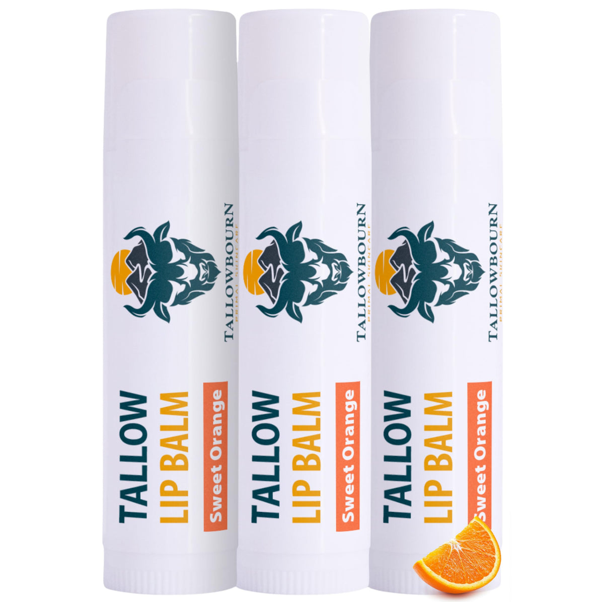 Tallowbourn lip balm tube with sweet orange scent delivering daily hydration.