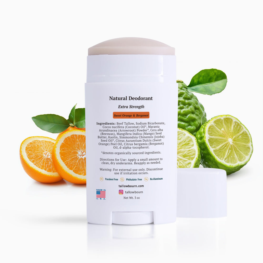 Tallowbourn deodorant with sweet orange bergamot fragrance for uplifting citrus notes.