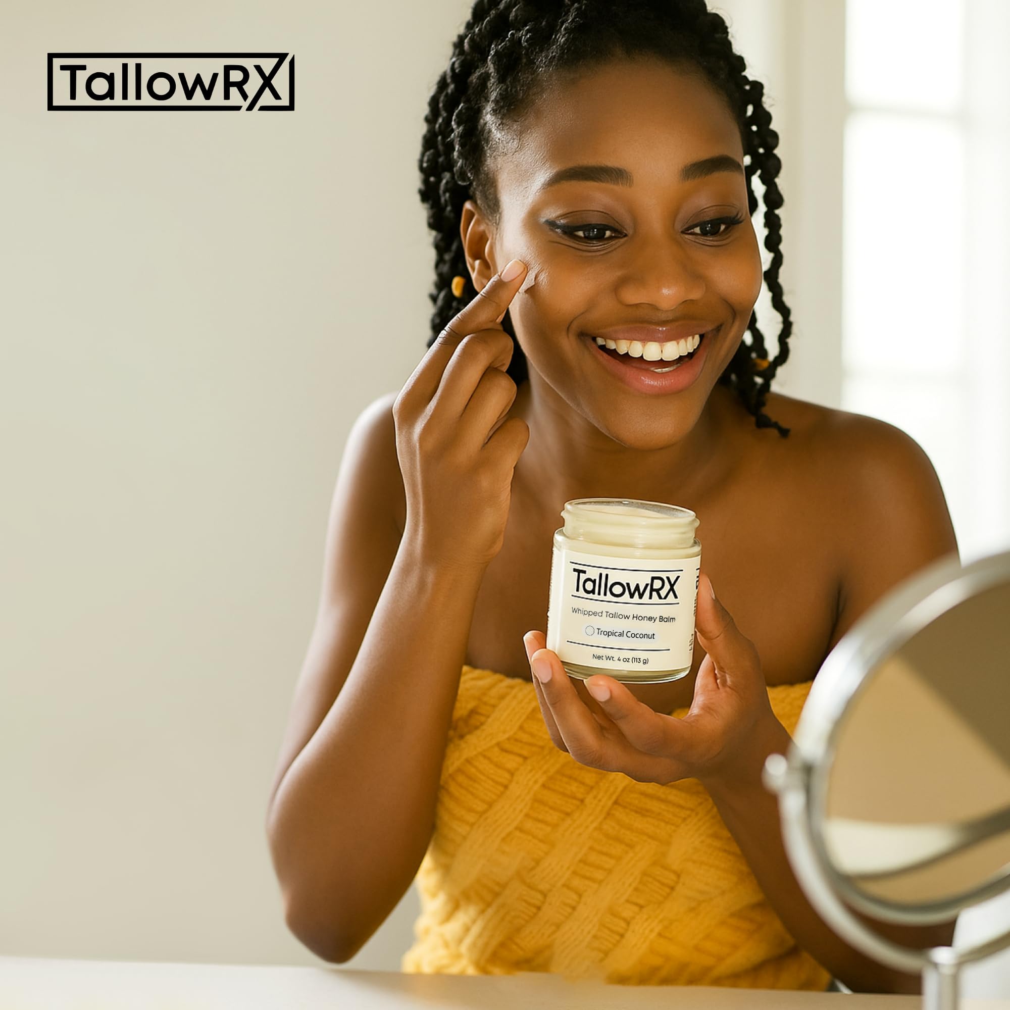 TALLOWRX beef tallow moisturizer bottle close-up highlights lightweight, non-greasy absorption.