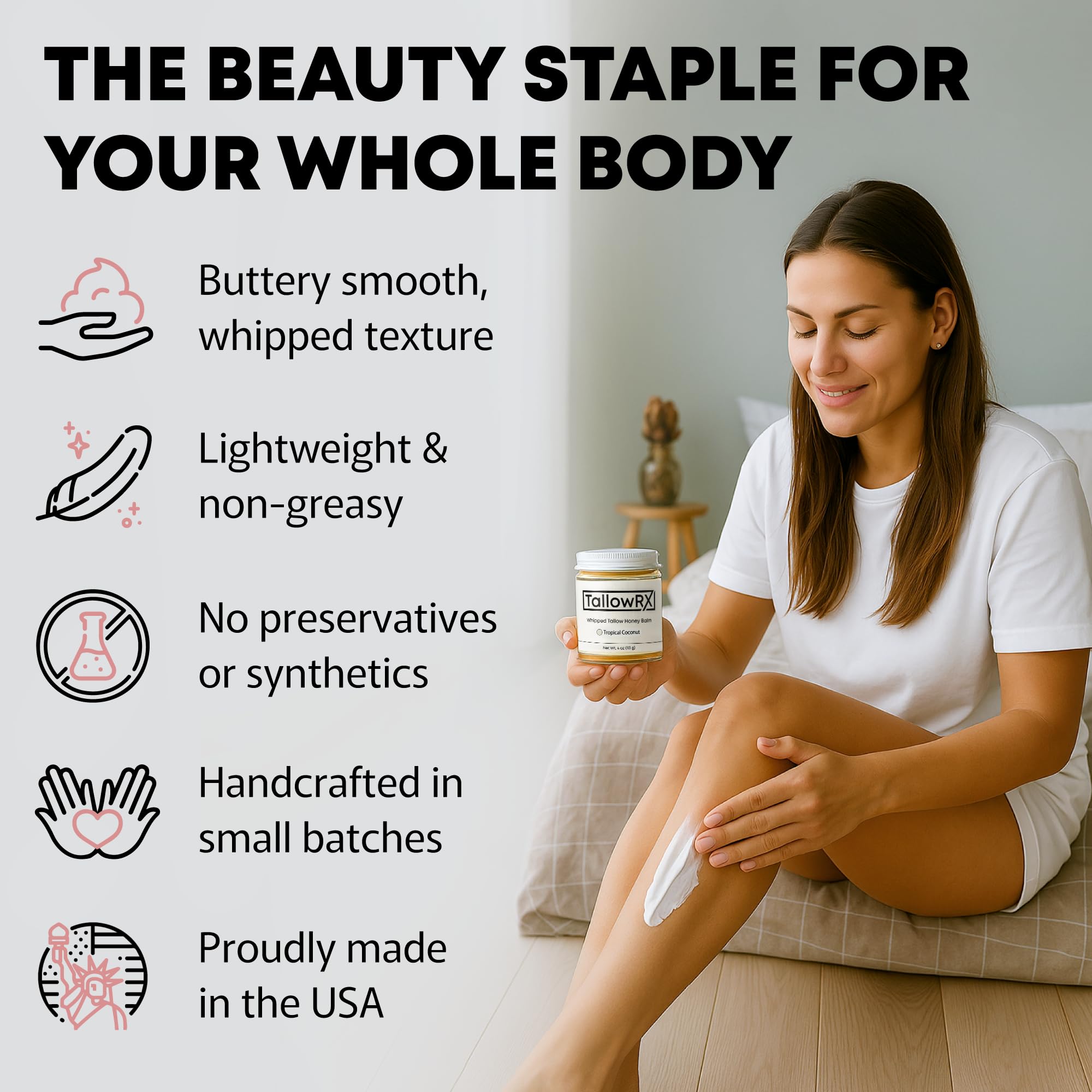TALLOWRX honey balm on skin illustrating soothing, nourishing daily-use benefits.