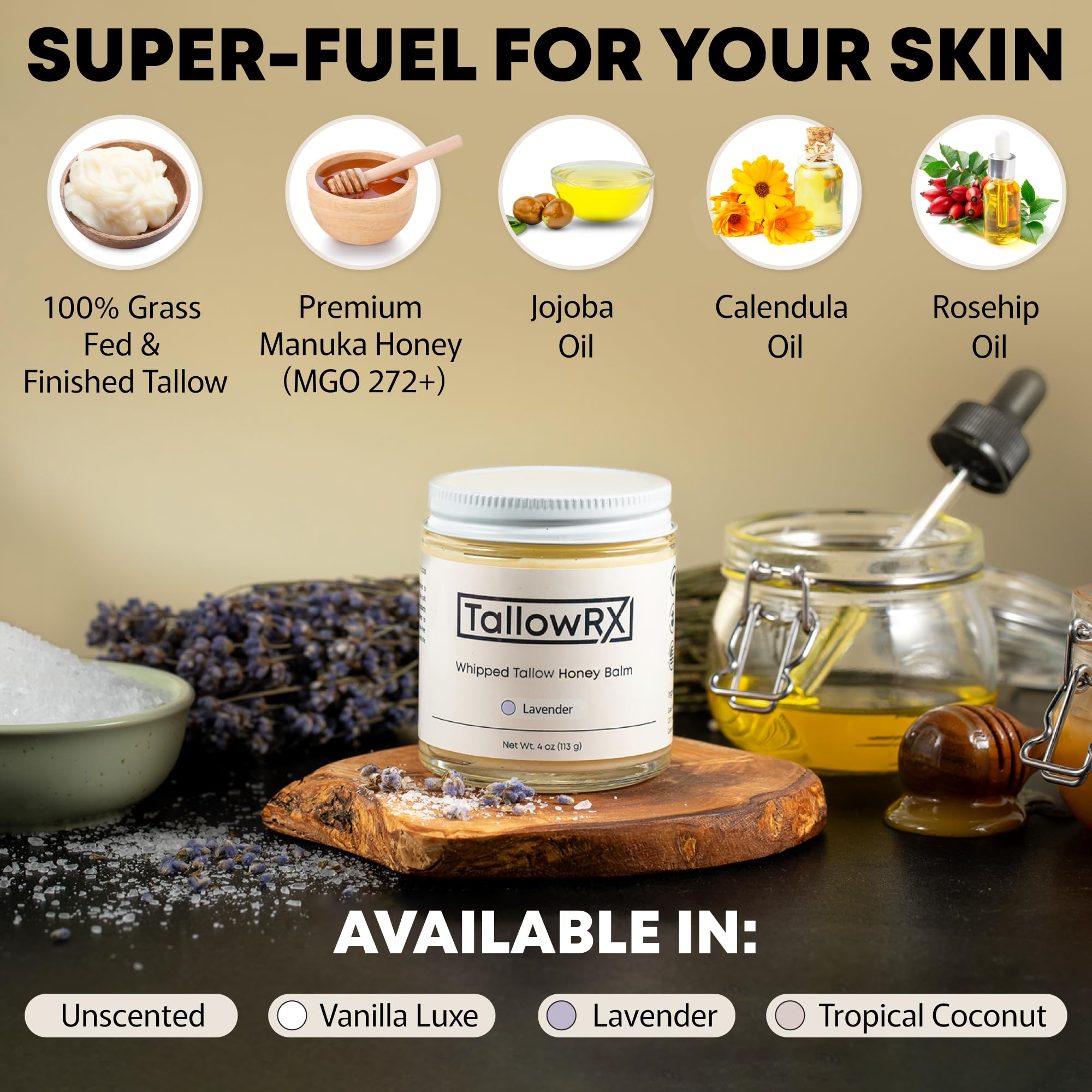 TALLOWRX Manuka honey infusion highlights premium ingredients in a jar.