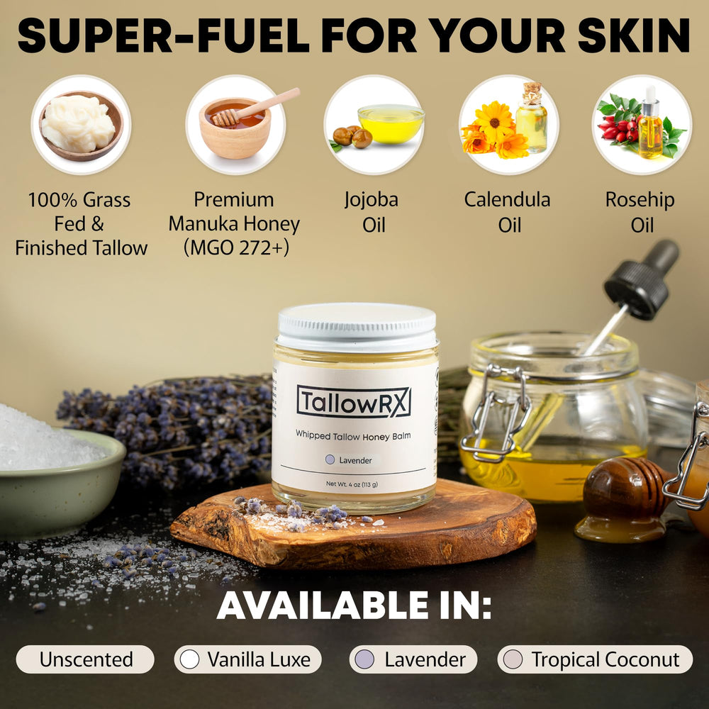TALLOWRX Manuka honey infusion highlights premium ingredients in a jar.