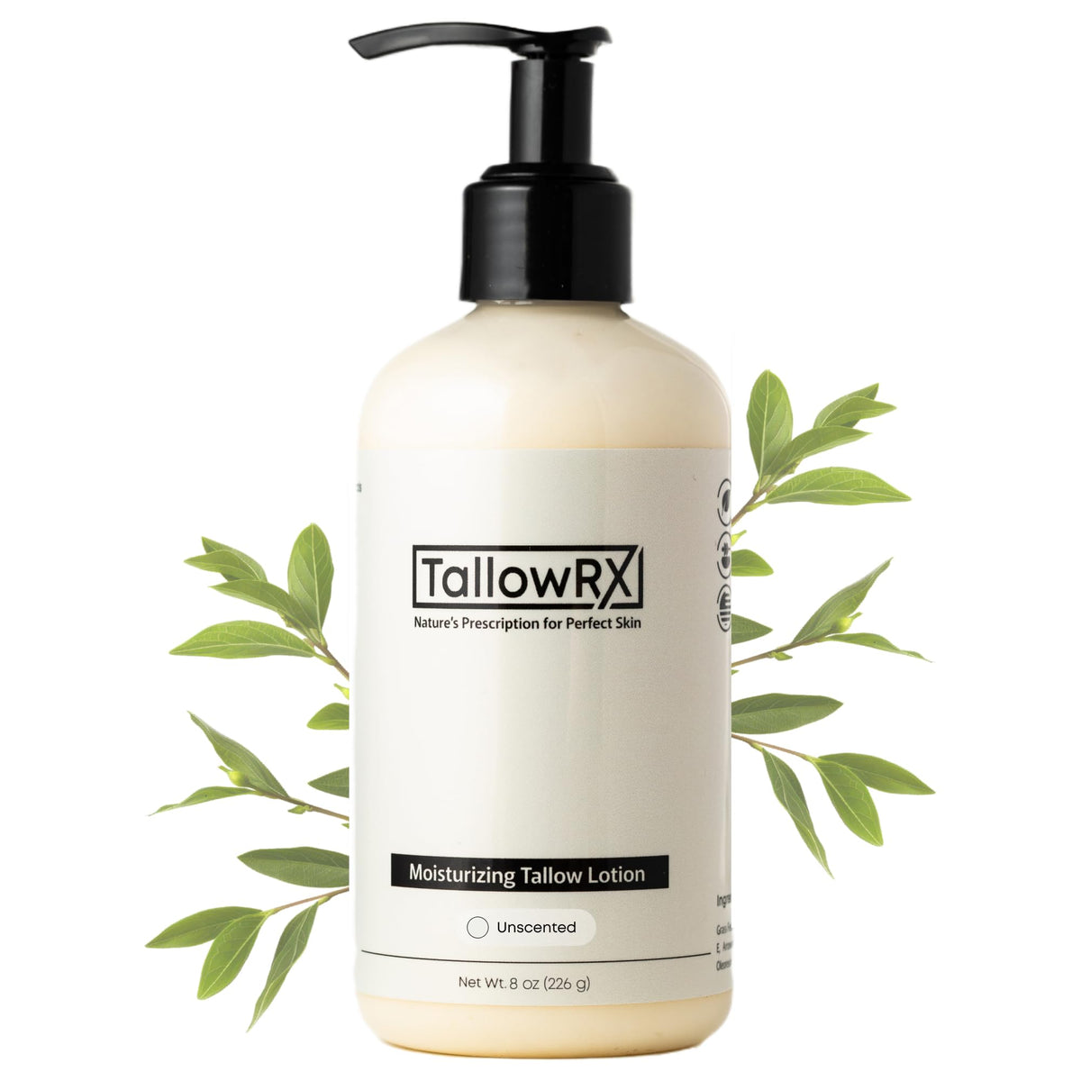 TALLOWRX tallow body lotion bottle showing unscented formula for deep hydration.