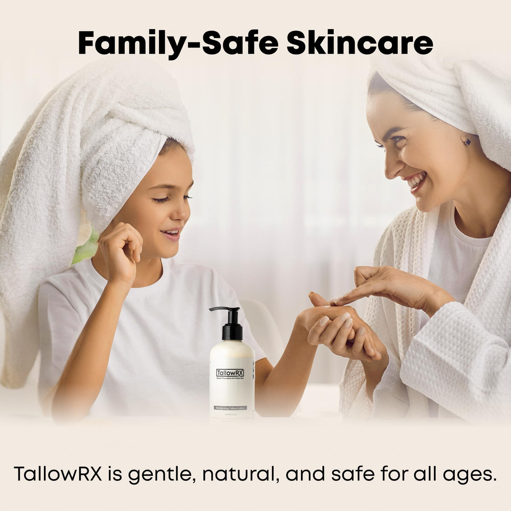 Front view of TALLOWRX 8 oz bottle designed for face, hands, and body