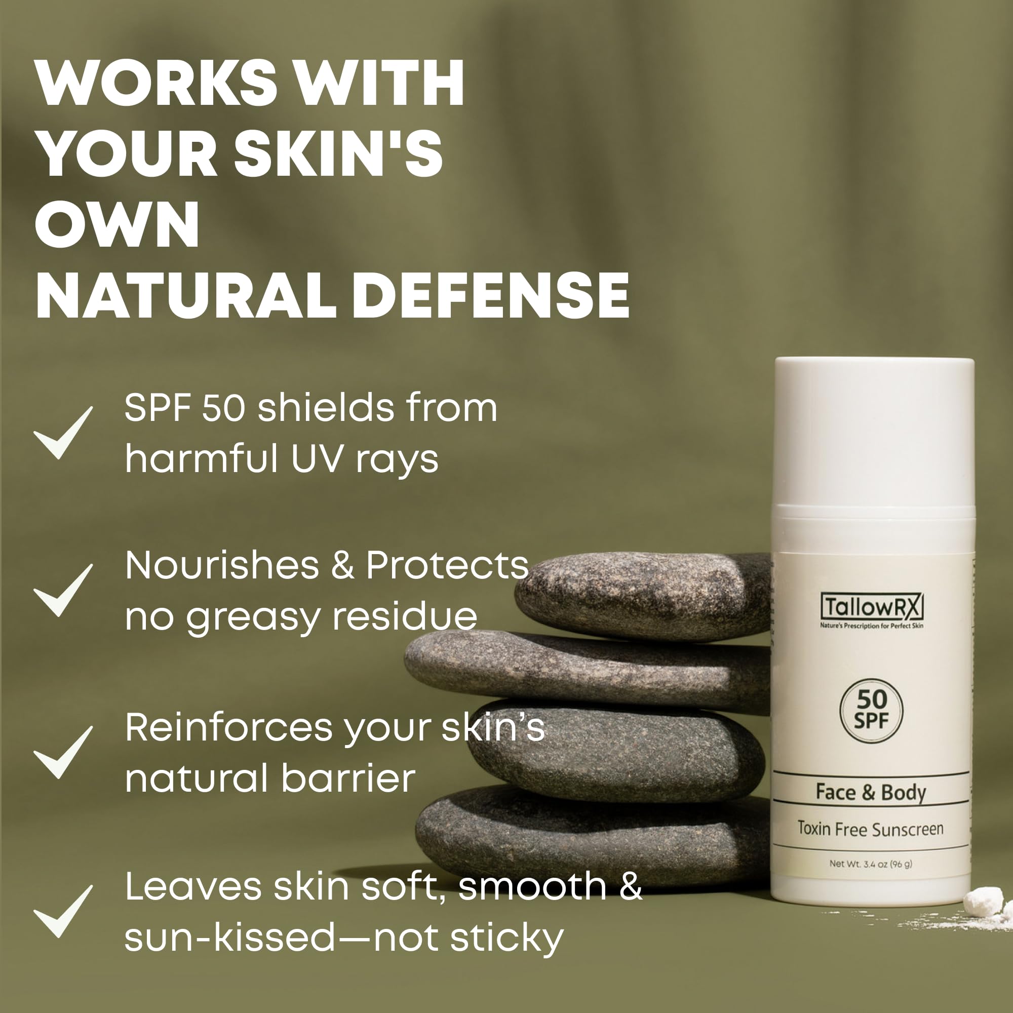 TallowRX SPF 50 face and body application demonstrates versatile use across skin areas.
