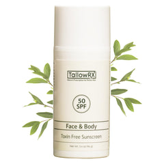 TallowRX SPF 50 zinc-oxide tube provides mineral sun protection for daily use.
