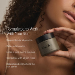 TALOVA balm texture closeup demonstrates quick absorbing daily use.