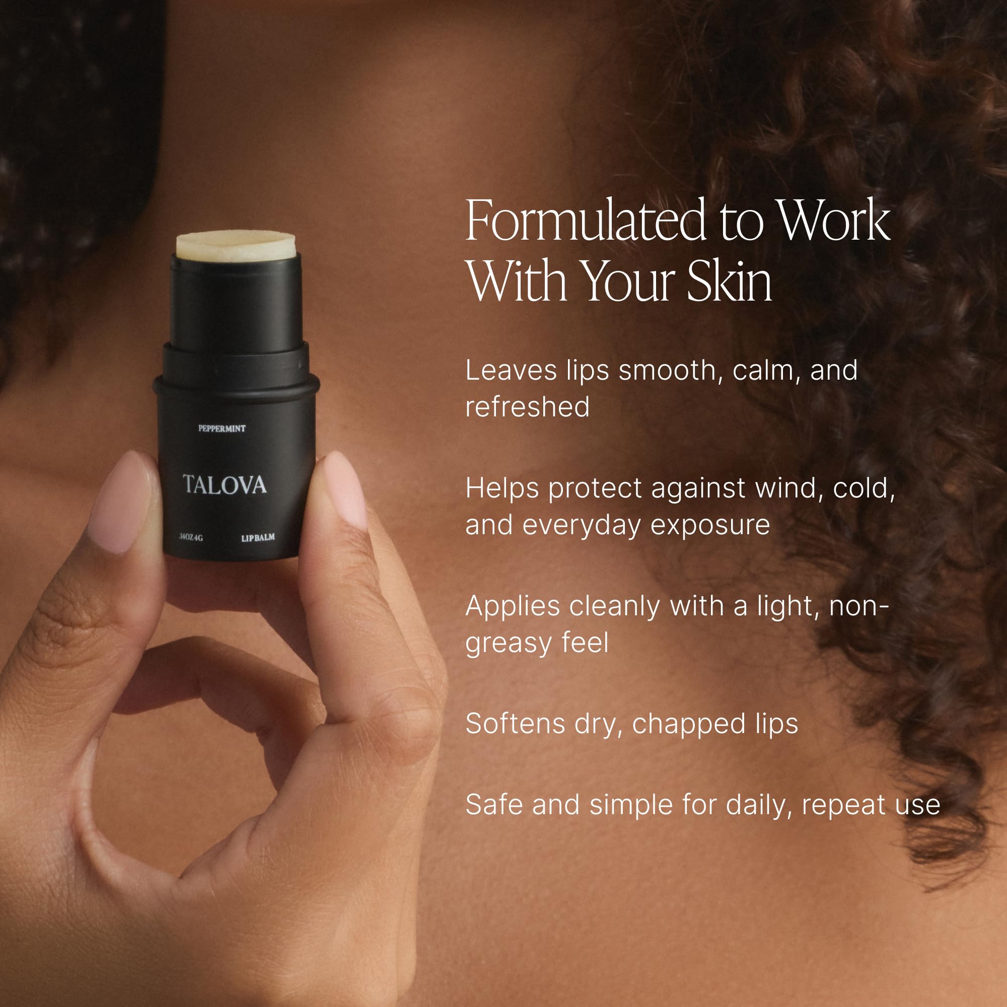TALOVA packaging close-up shows clean, natural lip care in action.