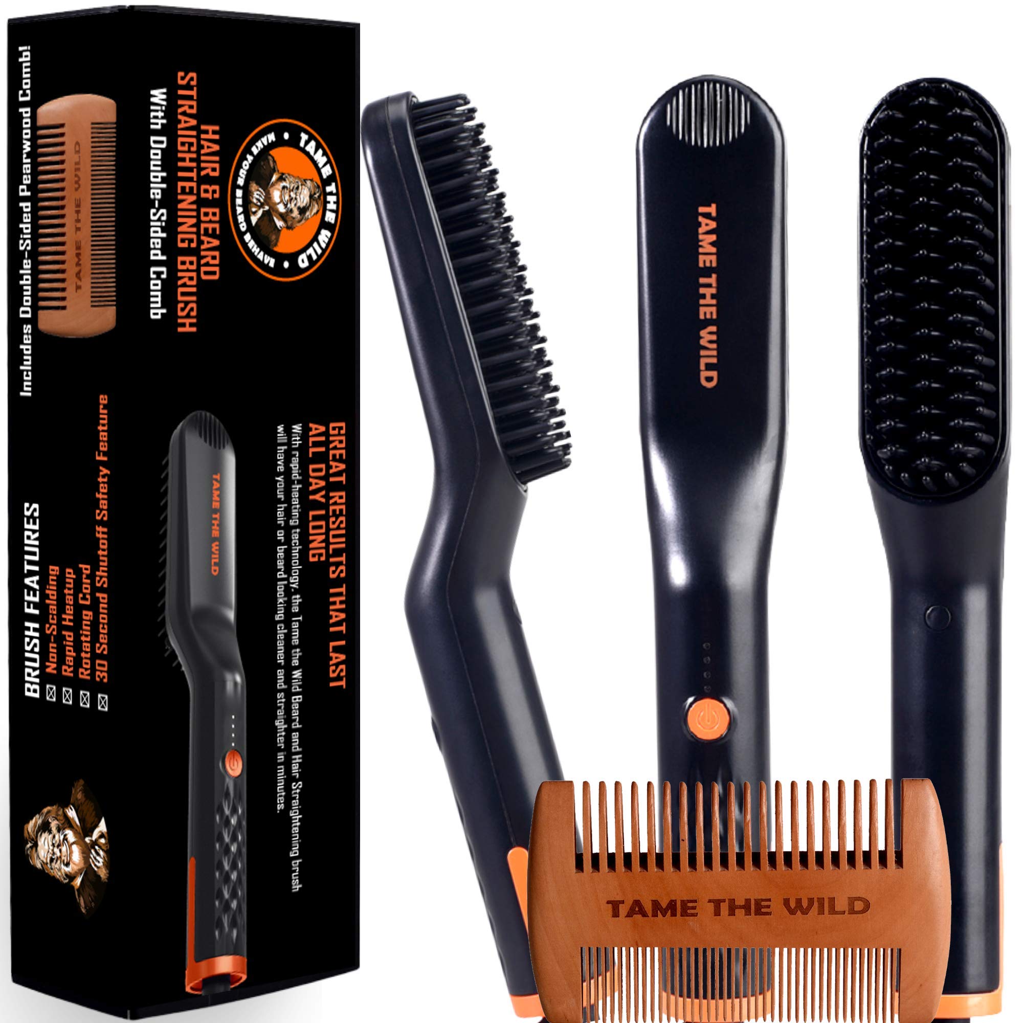 TAME The Wild beard brush straightener with ionic heat for quick, smooth grooming.