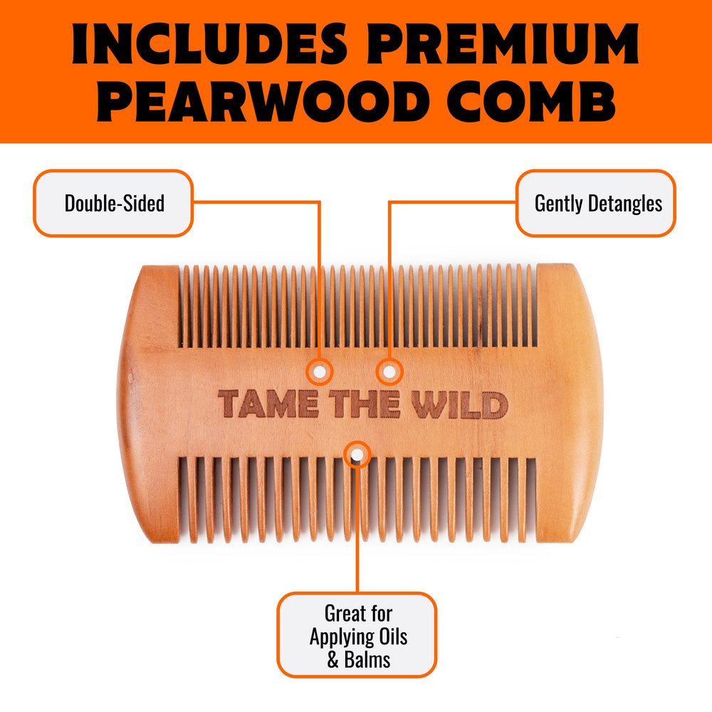 Tame The Wild Beard Brush Dual-Sided Pear Wood Comb detangles and polishes