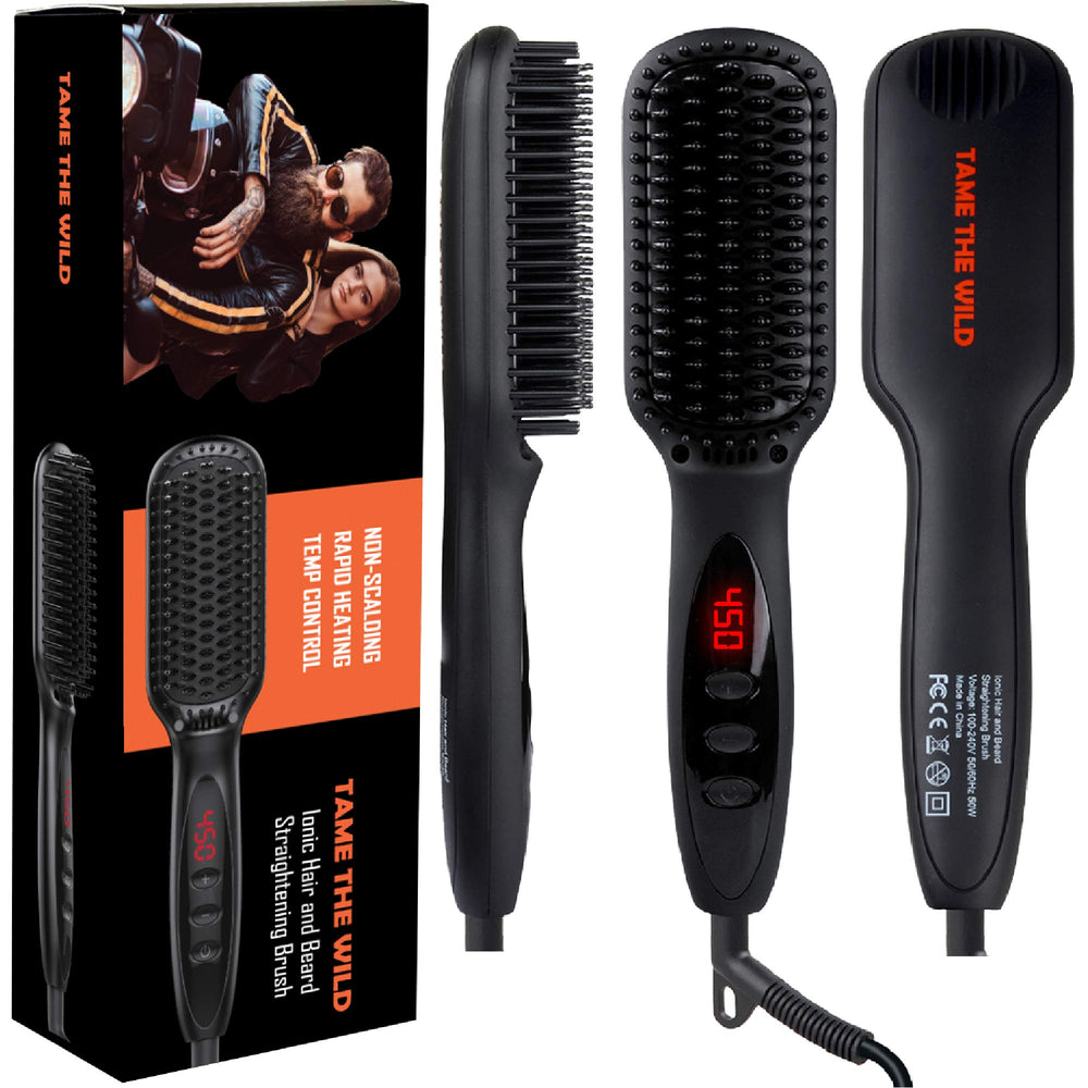 Tame The Wild Pro beard straightener with LED display showing 12 heat settings for precise styling.