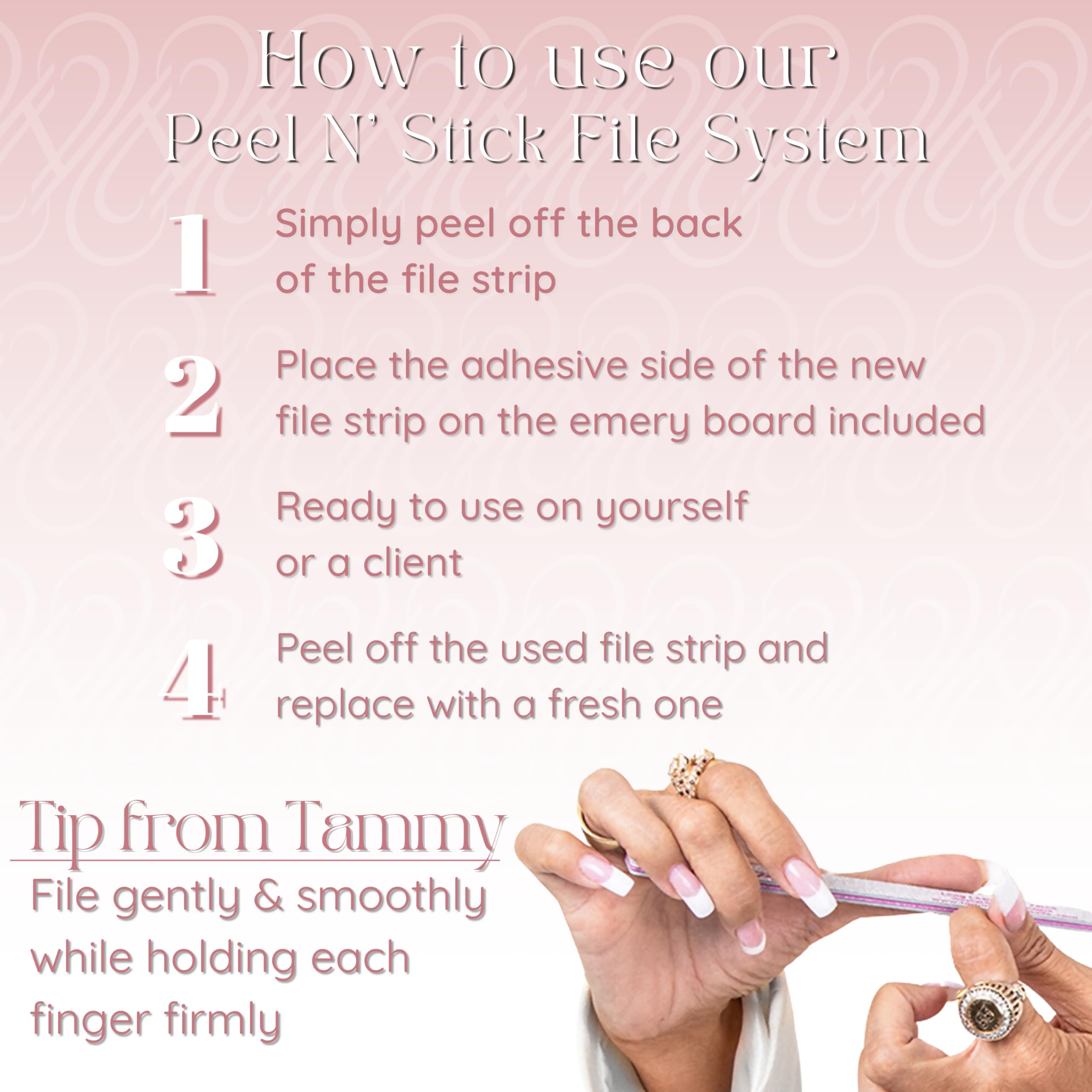 Tammy Taylor 180 grit file smoothing ridges on natural nails for a diamond finish.
