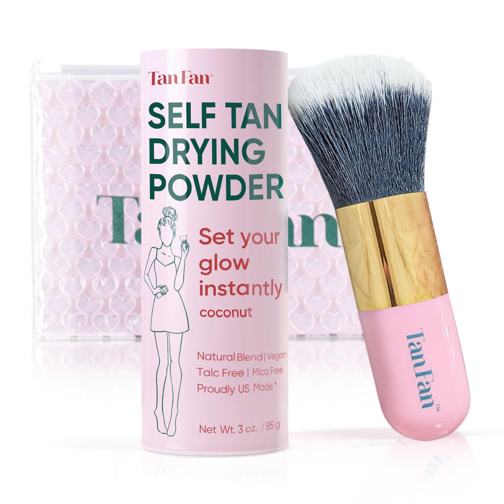 Tan Fan self-tan-drying-powder bottle demonstrates fast, transfer-free setting for sunless tans.
