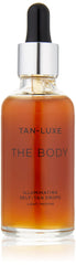 Tan-Luxe The Body bottle closeup shows vegan formula for a customizable glow.