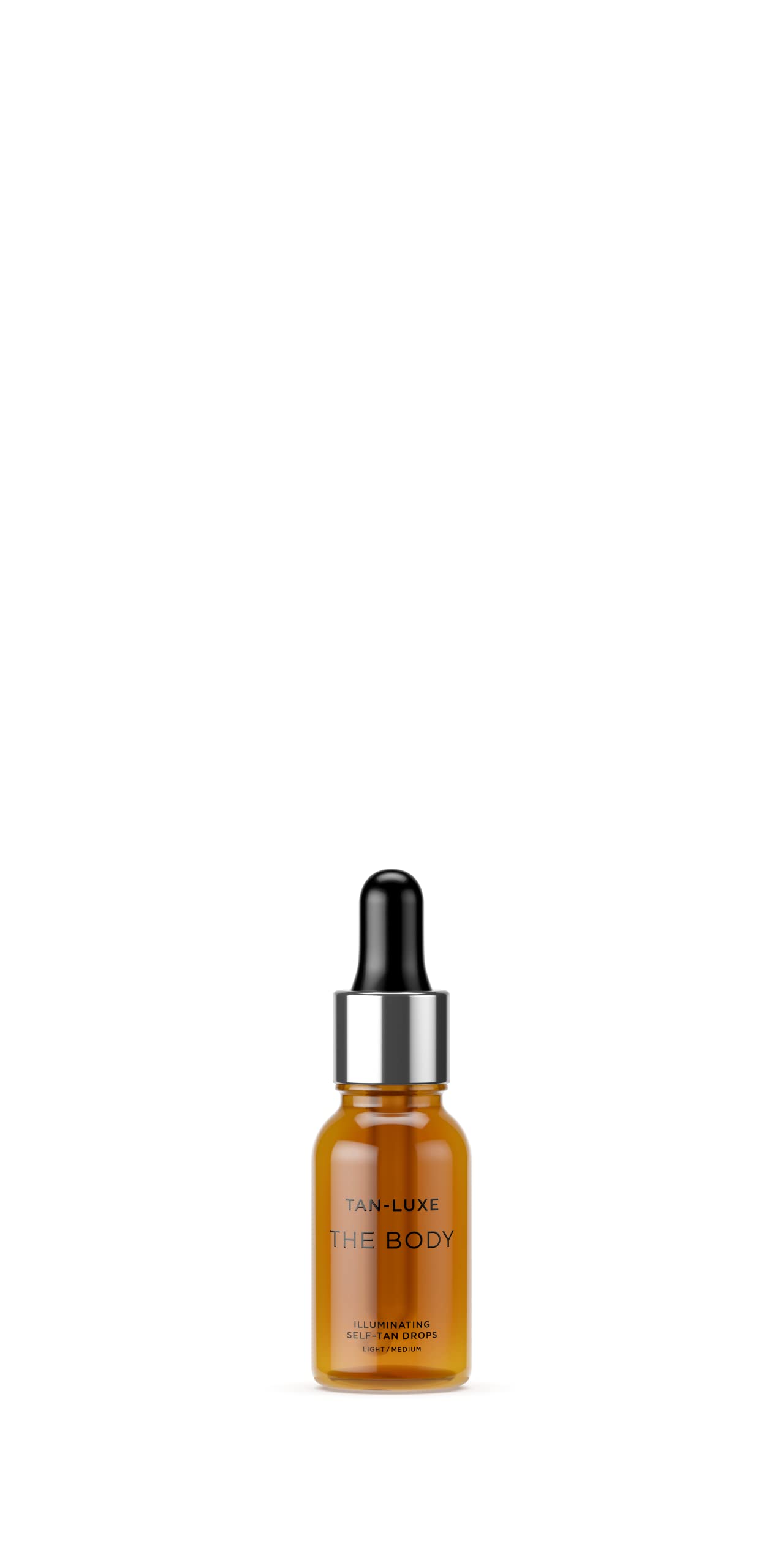 Tan-Luxe Body Illuminating Self-Tan Drops bottle showing customizable glow for even, hydrated skin.