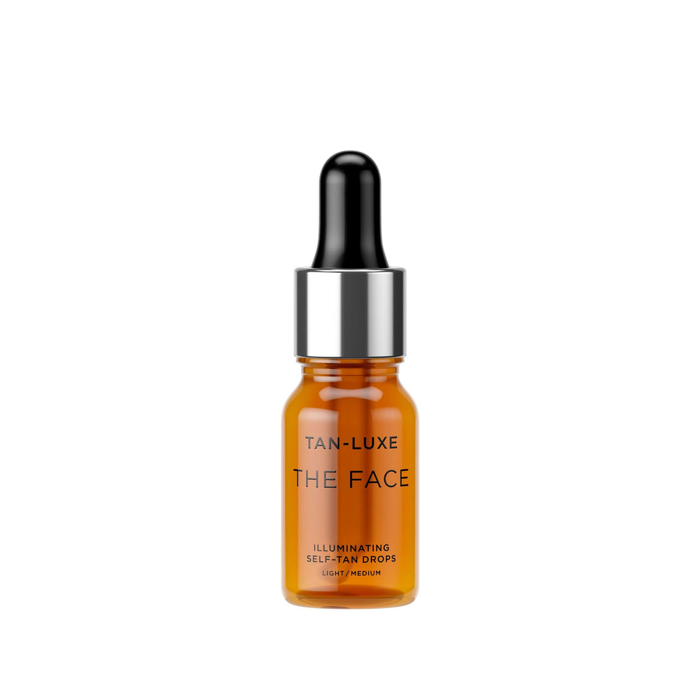 Tan-Luxe The Face Illuminating Drops bottle showing customizable glow for natural tan