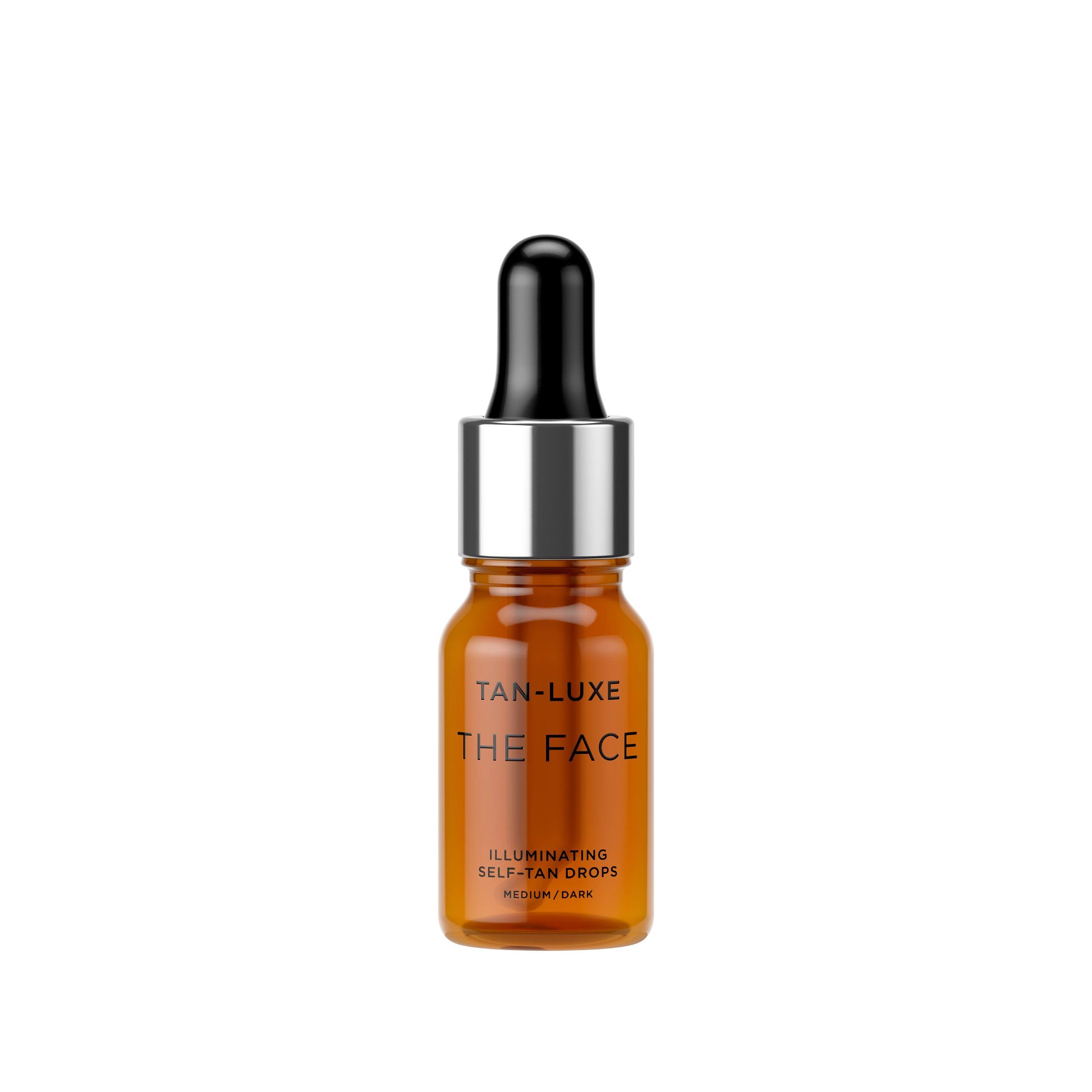 Tan-Luxe Face Illuminating Self-Tan Drops bottle for on-the-go customizable glow.