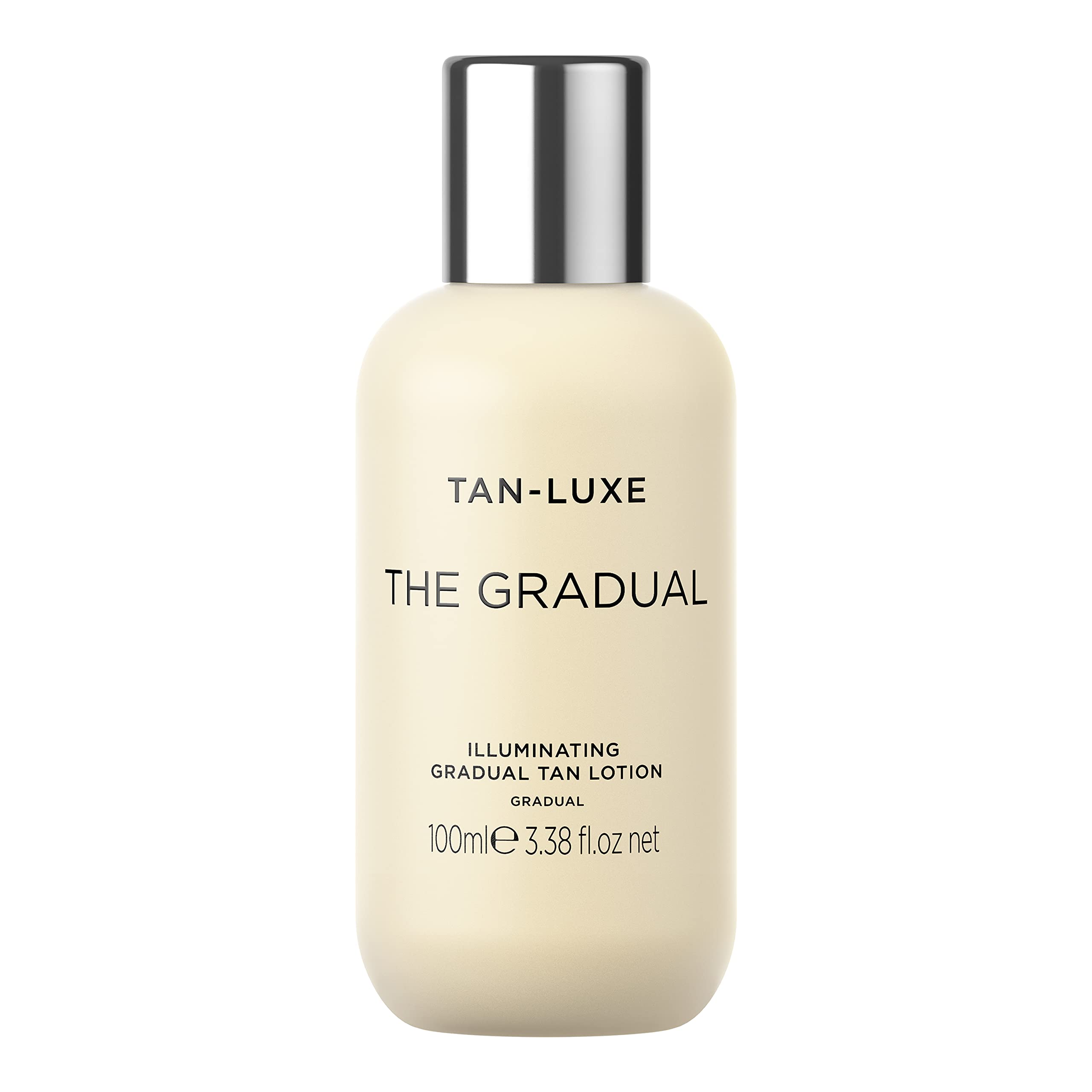 Tan-Luxe Gradual Illuminating Lotion bottle showing hydrating self tanner for natural glow