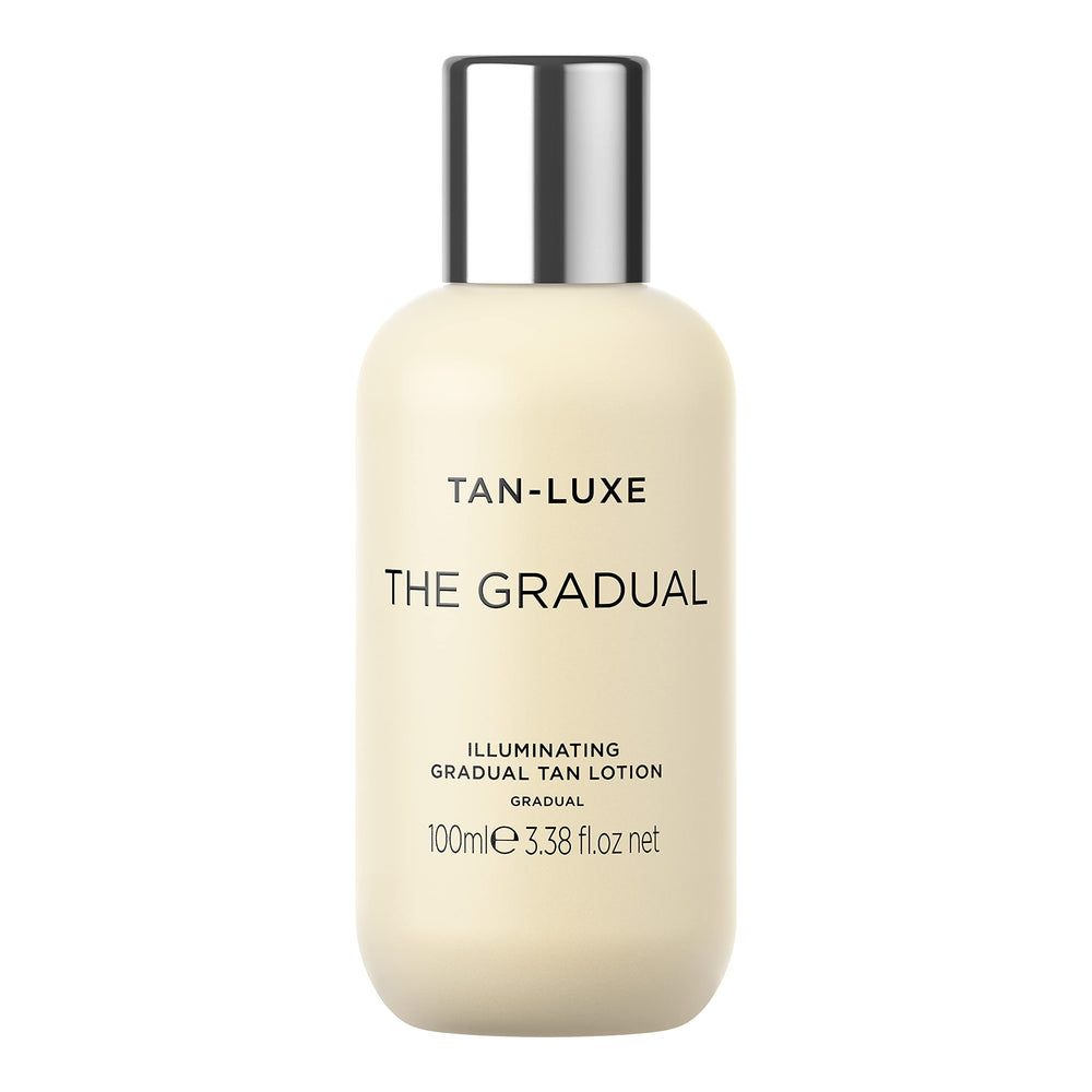 Tan-Luxe Gradual Illuminating Lotion bottle showing hydrating self tanner for natural glow