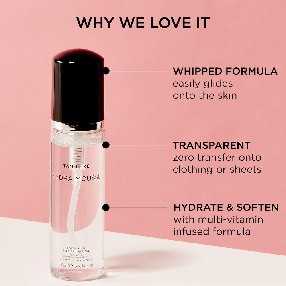 TAN-LUXE Hydra Mousse foam closeup highlights transfer-free, skin-friendly formula
