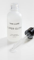 TAN-LUXE Super Glow packaging closeup showcases cruelty-free vegan formula and naturally derived DHA
