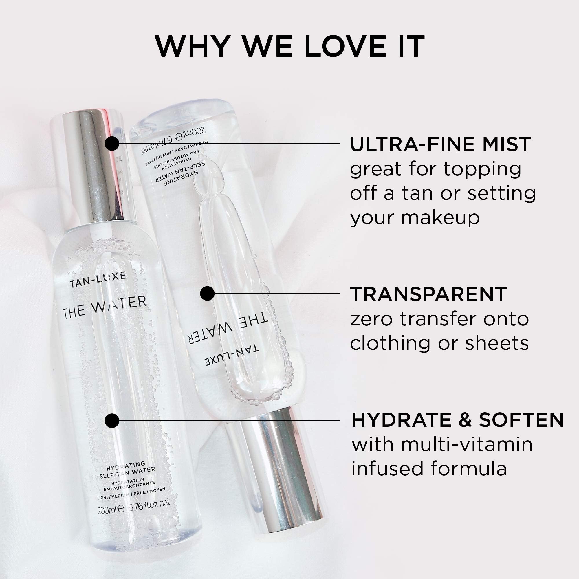 Tan-Luxe The Water mist application demonstrates easy, streak-free tanning with quick-dry performance.