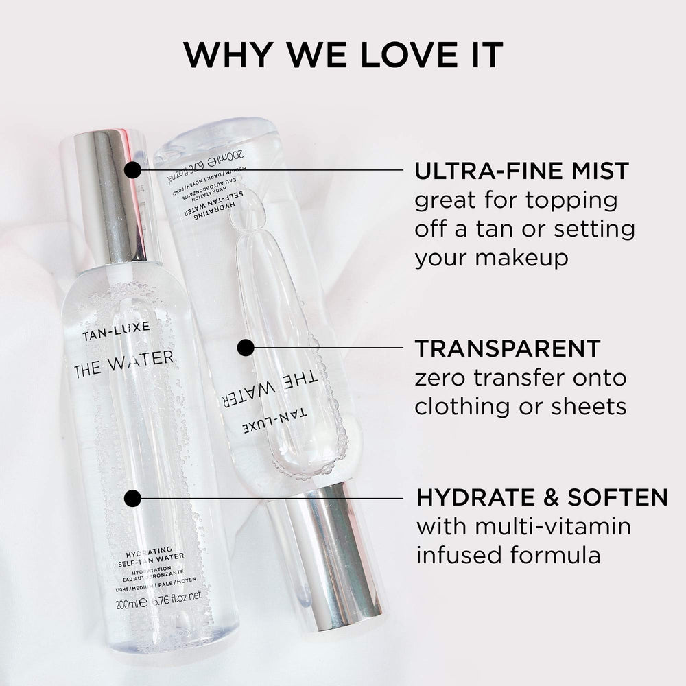 Tan-Luxe The Water mist application demonstrates easy, streak-free tanning with quick-dry performance.