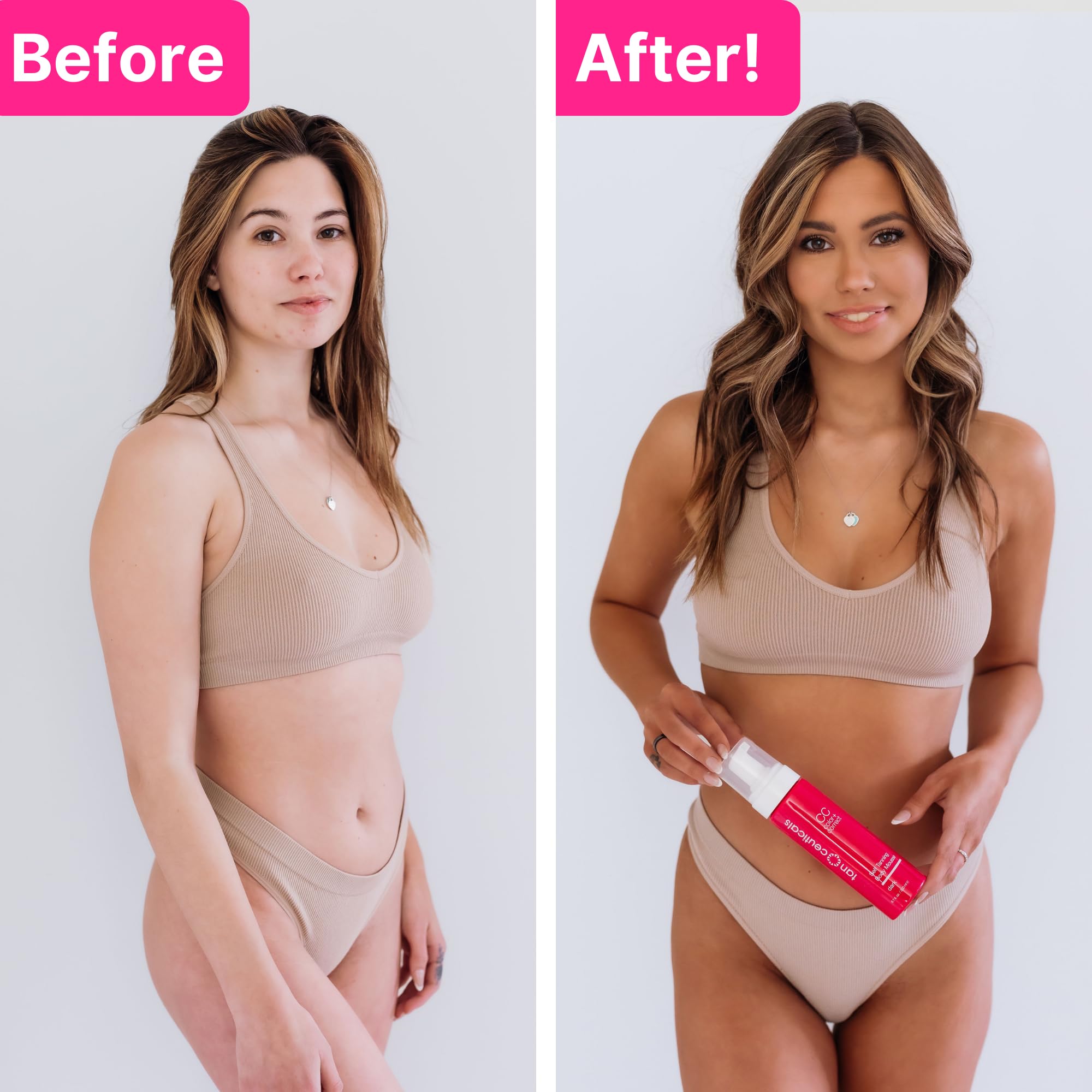 Color correcting formula visual demonstrates even tan across skin tones.