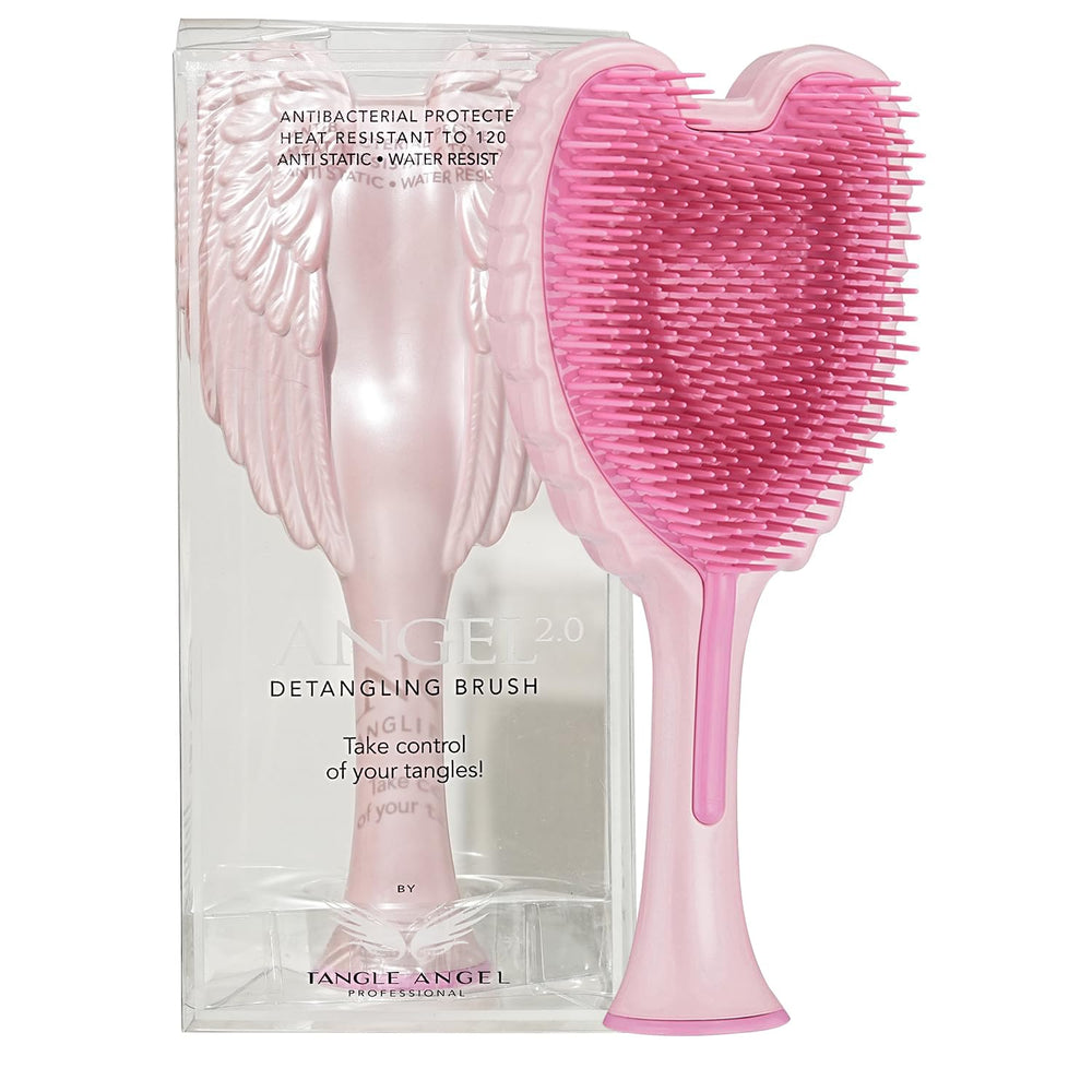 Tangle Angel gloss pink angel-wing brush for smooth detangling and easy styling.