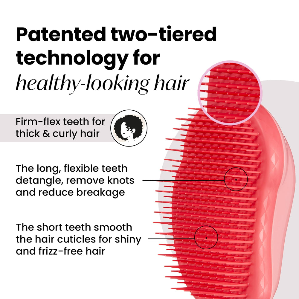 Tangle Teezer detangler used on wet hair, promoting gentle glide and reduced snagging.