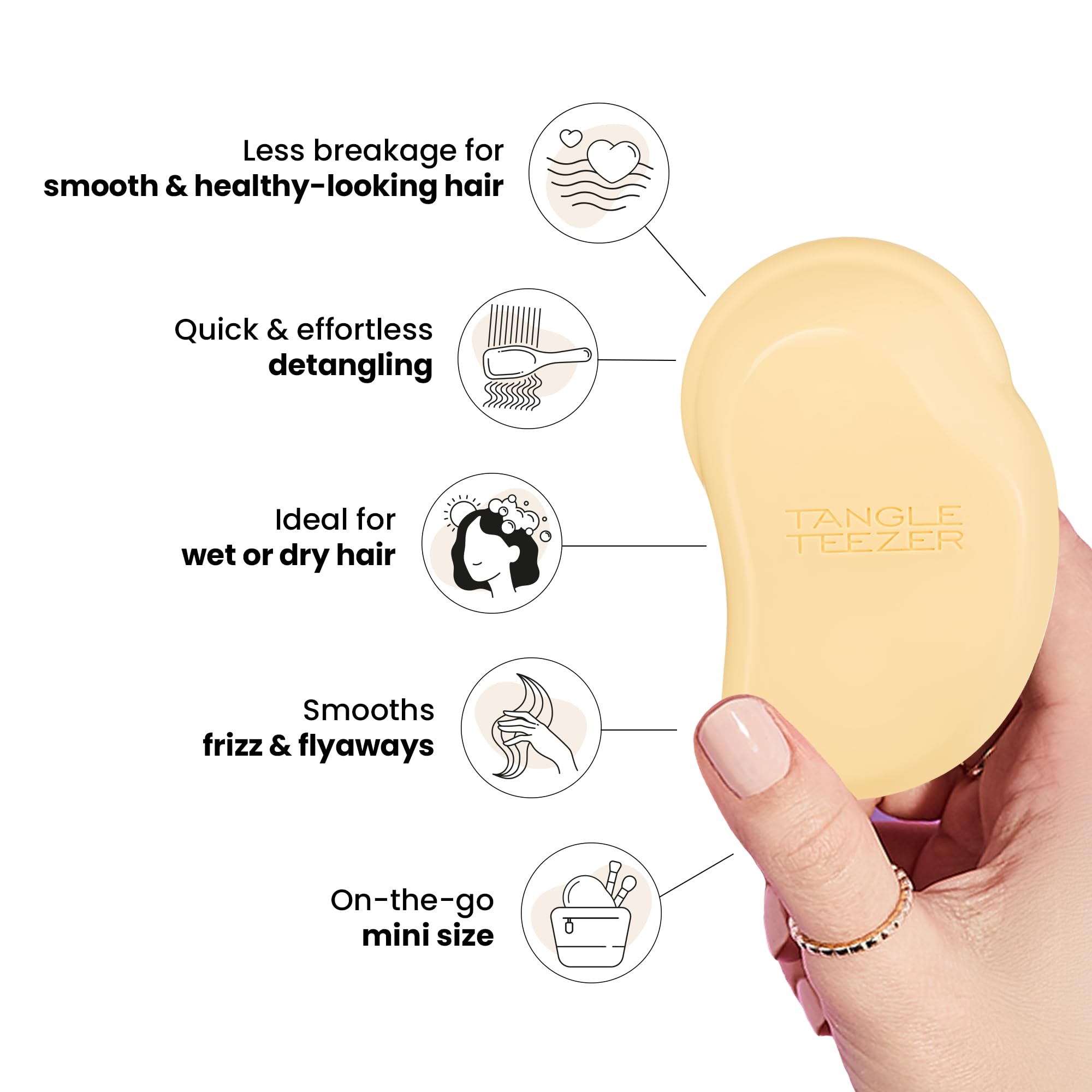 Tangle Teezer Original Detangler buttercup-yellow teeth-close-up highlights dual-teeth design for smooth detangling.