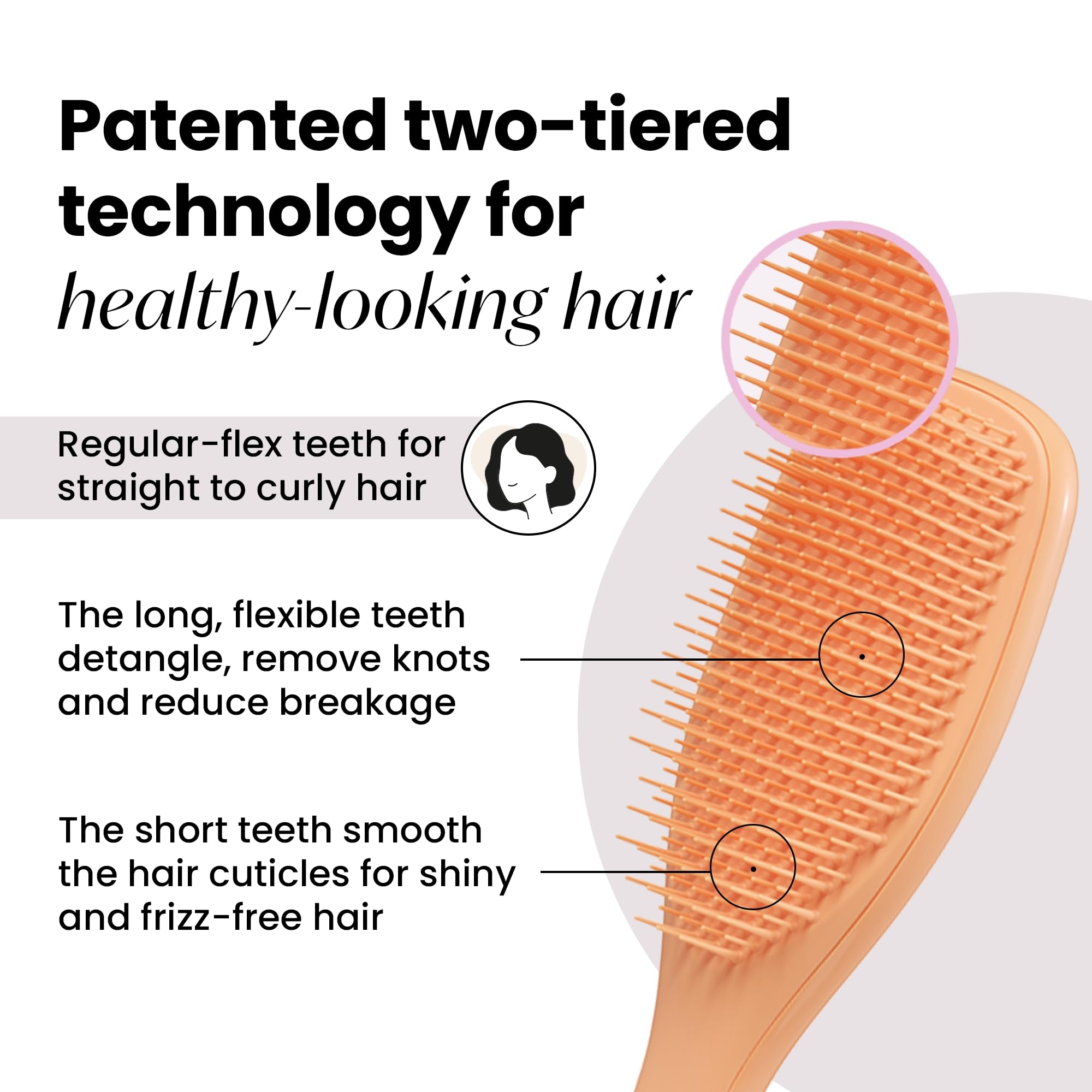 Tangle Teezer Plant-Based Ultimate Detangler Brush teeth close-up shows long flex teeth detangling knots