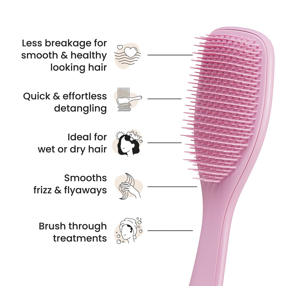 Tangle Teezer Rosebud edition hairbrush in shower use promotes even product distribution.