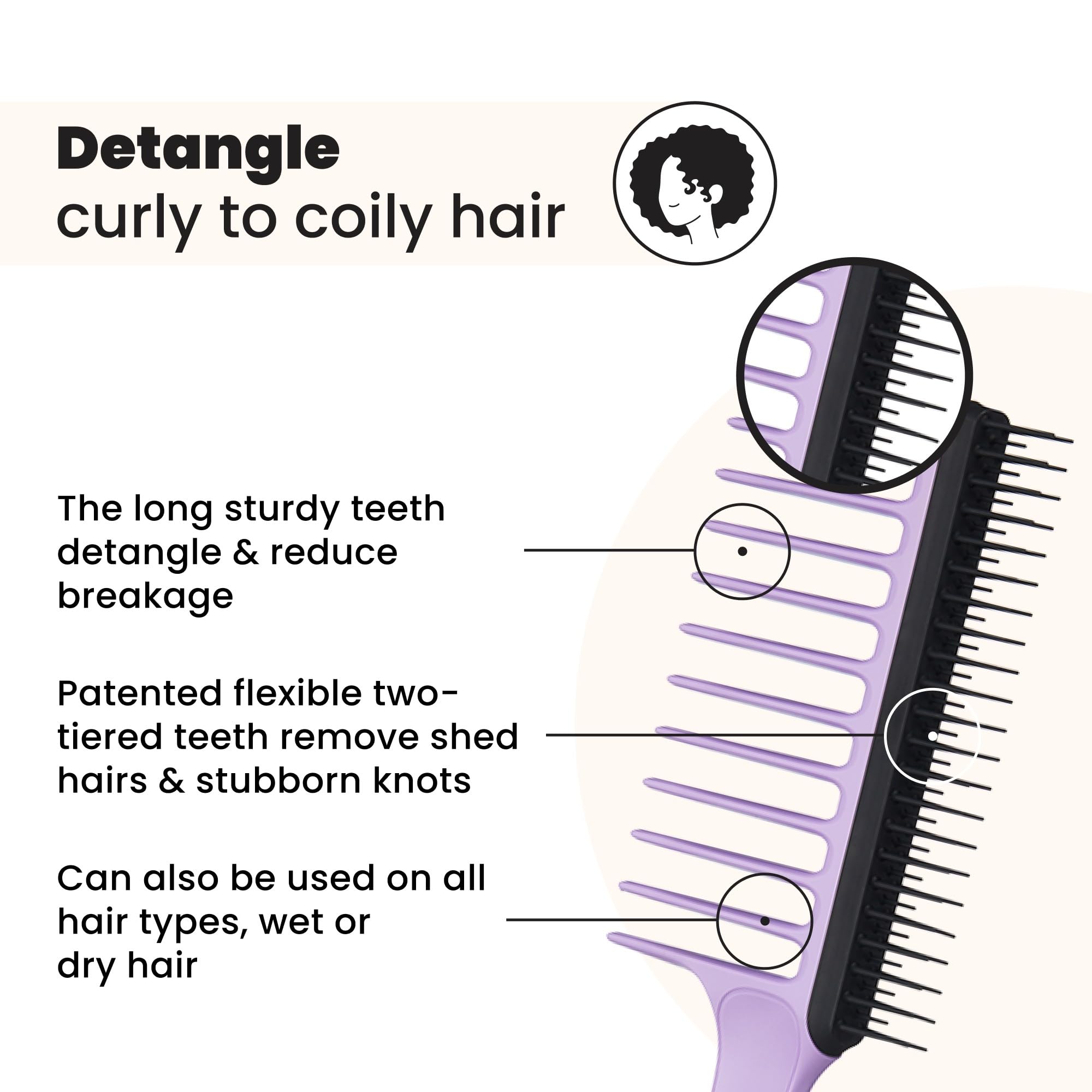Tangle Teezer two-sided comb lilac, quick detangling with long firm teeth