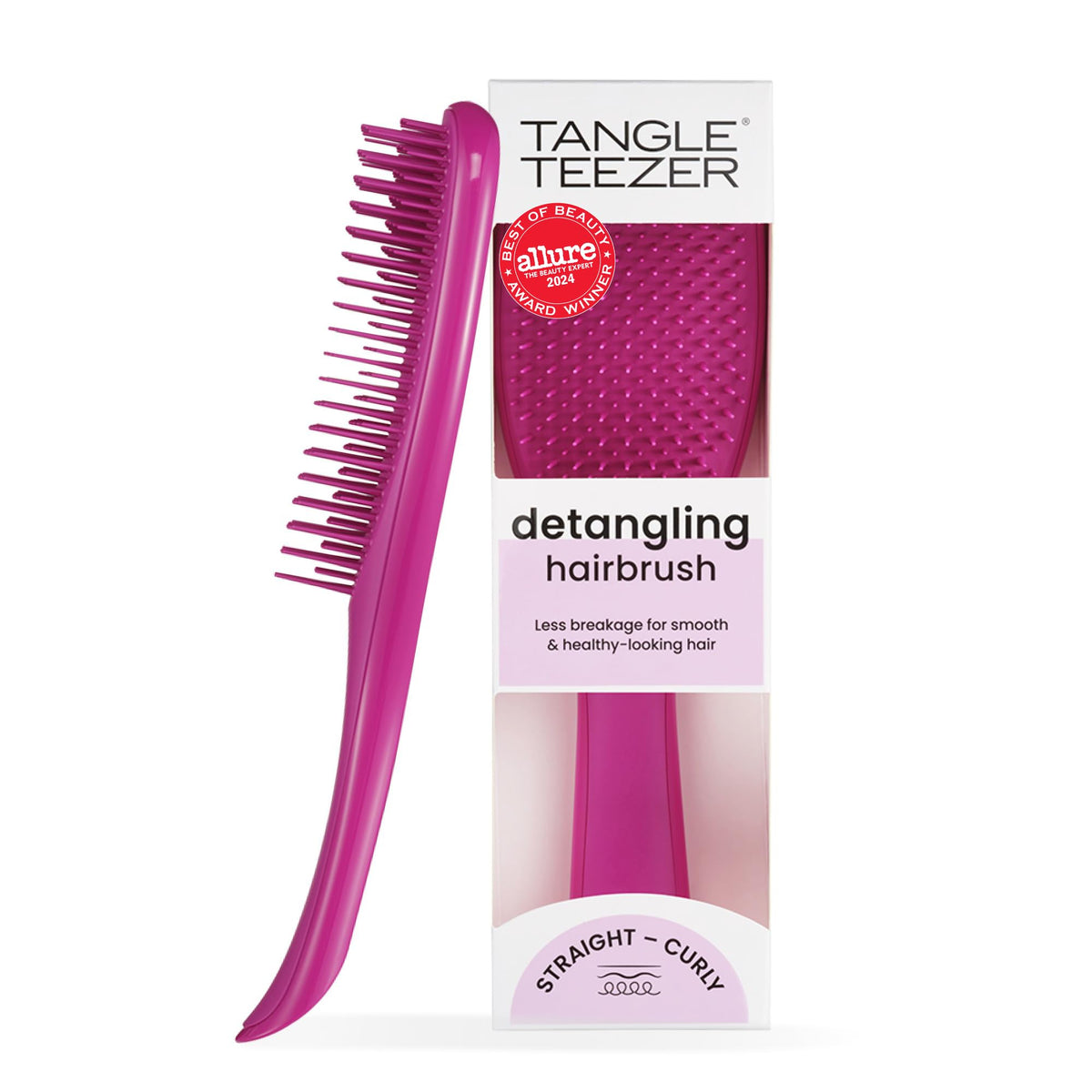 Tangle Teezer Ultimate Detangler in electric raspberry offers knot-free glide on wet hair.